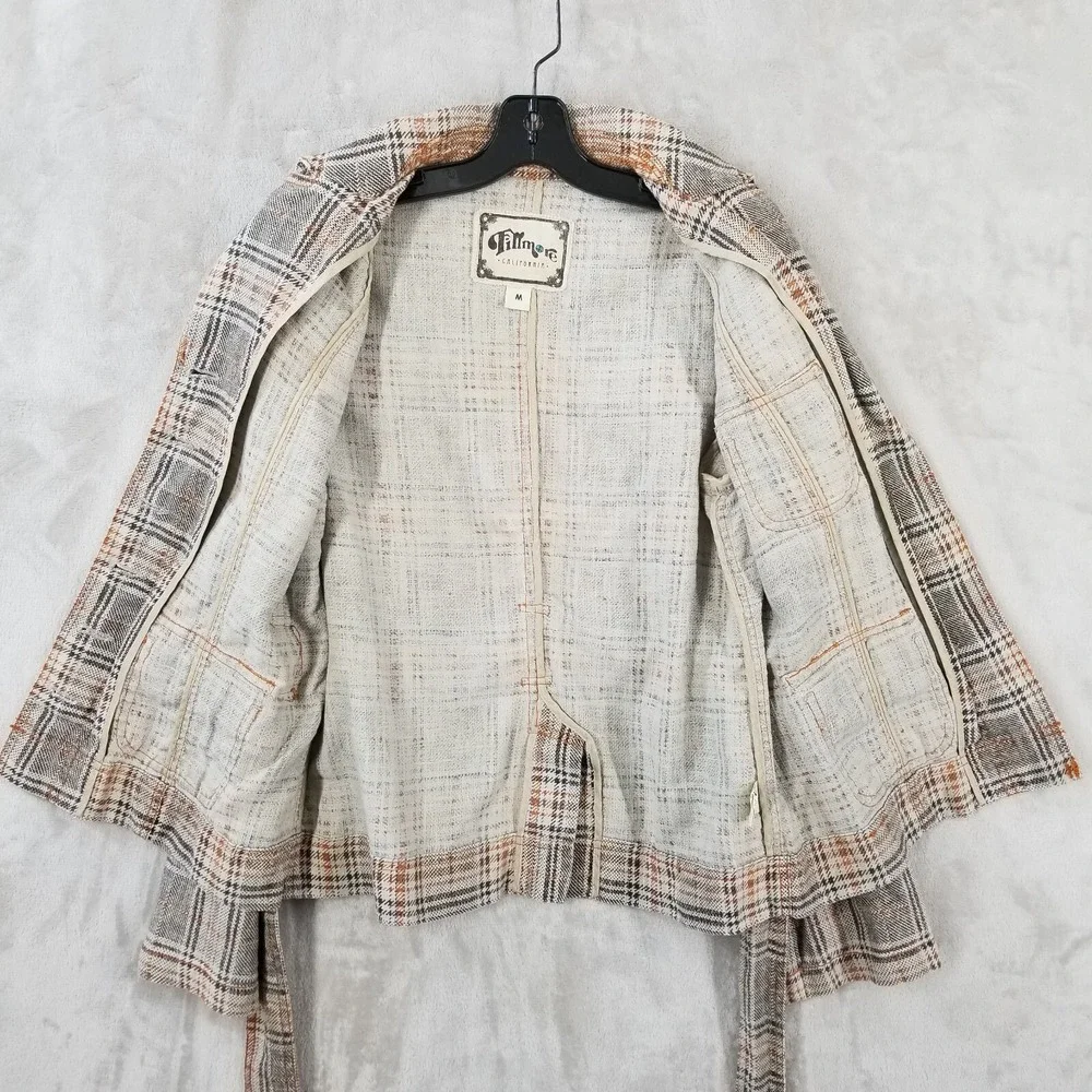 Fillmore Jacket Medium Brown Plaid 100% Linen Belted 70's Pockets Hippie‎ Retro